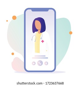 A female doctor with stethoscope on the screen consults patients online. Online doctor. Patient consultation. Online medical support and healthcare services. Vector illustration.