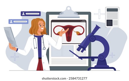 Female doctor with stethoscope presenting uterus anatomy on clipboard, holding documents, with microscope on abstract background, symbolizing gynecology