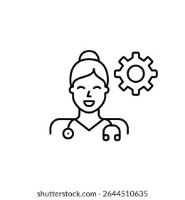 Female doctor with stethoscope. Doctor profile settings, medical system configuration, healthcare administration, diagnostic process control, treatment management tools. Pixel perfect, editable stroke