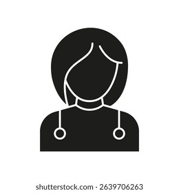 Female Doctor With Stethoscope Solid Icon. Medical Professional, Healthcare Worker, And Patient Care Representation Silhouette Symbol. Clinical Expertise Illustration. Isolated Vector Illustration.