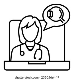 Female doctor with stethoscope talking about eye health from tele conference on laptop icon design. Bubble chat with eyeball symbol vector illustration.