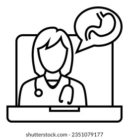 Female doctor with stethoscope talking about digestive health from tele conference on laptop icon design. Bubble chat with stomach symbol vector illustration.