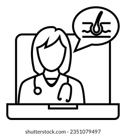 Female doctor with stethoscope talking about scalp and dermatology health from tele conference on laptop icon design. Bubble chat with hair follicles symbol vector illustration.