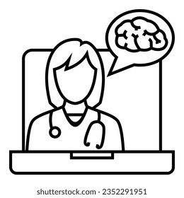 Female doctor with stethoscope talking about brain nerves system from tele conference on laptop icon design. Bubble chat with brain  symbol vector illustration.