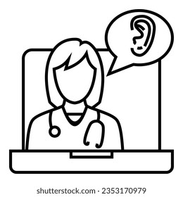 Female doctor with stethoscope talking about ENT Specialist system from tele conference on laptop icon design. Bubble chat with ear symbol vector illustration.