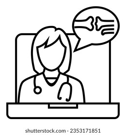 Female doctor with stethoscope talking about Orthopedic Specialist system from tele conference on laptop icon design. Bubble chat with bone symbol vector illustration.