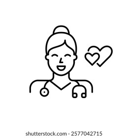 Female doctor with stethoscope and two hearts. Medical workers on dating app. Pixel perfect vector icon