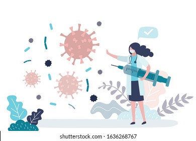 Female doctor stops spread of virus and disease. Woman holds a syringe with a vaccine. Medical worker in uniform. Health care concept. Global epidemic or pandemic. Vector illustration