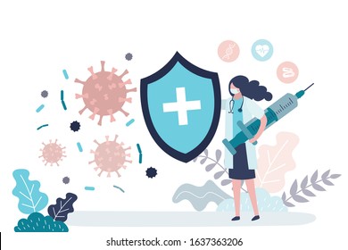 Female doctor stops spread of virus and disease. Woman holds security shield and syringe with a vaccine. Medical worker in uniform. Health care concept. Global epidemic or pandemic. Vector