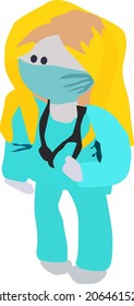 female doctor in a suit and mask with a stethoscope, vector drawing, isolate on a white background