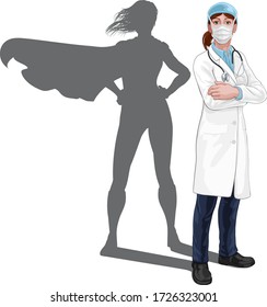 A female doctor super hero woman with stethoscope and mask PPE. With arms folded and serious but caring look. Revealed as a superhero by the shape of her shadow.