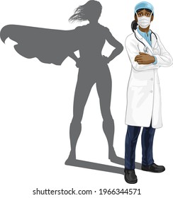 A Female Doctor Super Hero Woman With Stethoscope And Mask PPE. With Arms Folded And Serious But Caring Look. Revealed As A Superhero By The Shape Of Her Shadow.