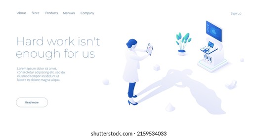 Female doctor superhero concept illustration in isometric vector design. Nurse hero as healthcare metaphor. Strong woman medic web banner layout.