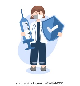 Médica feminina com seringa e escudo, simbolizando a proteção da vacina e cuidados de saúde.