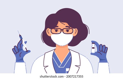 Female doctor with syringe and vaccine isolated on blue background. Concept of healthcare and medicine, coronavirus prevention and immunize. People vaccination against Covid-19. Vector illustration