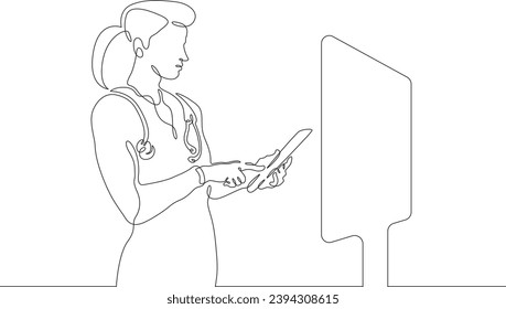 Female doctor with a tablet. The surgeon looks at the big screen. Medical technologies. Doctor online. One continuous line drawing. Linear. Hand drawn, white background. One line. 