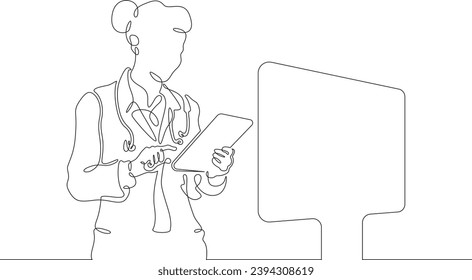 Female doctor with a tablet. The surgeon looks at the big screen. Medical technologies. Doctor online. One continuous line drawing. Linear. Hand drawn, white background. One line. 