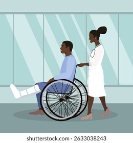 A female doctor takes a patient in a wheelchair with a broken leg and a cast for an X-ray. Leg injury.