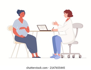 Female doctor takes pregnant patient in clinic. Happy woman consults gynecologist. Concept of prenatal care and gynecology. Vector characters flat cartoon illustration.