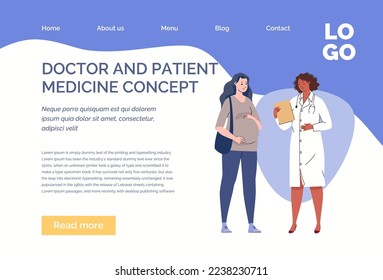 Female doctor takes pregnant patient in clinic. Happy woman consults gynecologist. Concept of prenatal care and gynecology. Website, template, landing page. Vector characters flat cartoon illustration