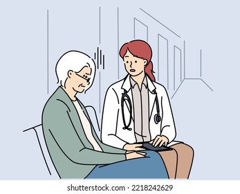 Female doctor talk with elderly grandmother at hospital. Woman nurse or GP consult help mature grandma patient in clinic. Healthcare and geriatrics. Vector illustration. 