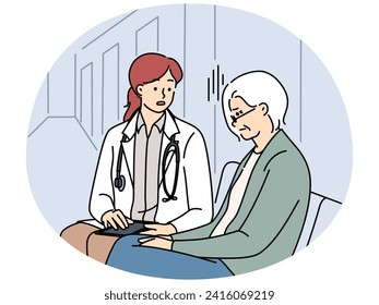 Female doctor talk with elderly grandmother at hospital. Woman nurse or GP consult help mature grandma patient in clinic. Healthcare and geriatrics. Vector illustration.