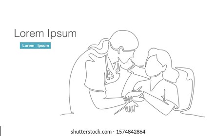 female doctor talk to patient hand holding. one continuous line drawing vector illustration on white background