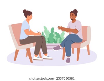 Female doctor talking with American man. Emotional support and consultation for man. Multicultural patients listening medical worker. Vector flat illustration in cartoon style