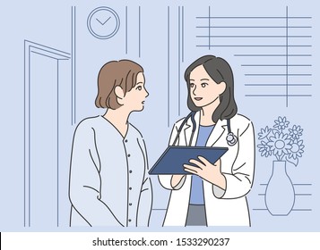 The female doctor is talking to a female patient by showing a chart. hand drawn style vector design illustrations.