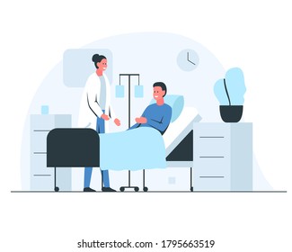 Female doctor talking to a patient in a hospital ward. Friendly doctor cheking on a patient during the hospital round. Vector illustration of a smiling man in bed recovering in hospital ward interior