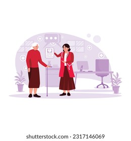 The female doctor talks to an old female patient and explains the patient's condition. Trend Modern vector flat illustration.