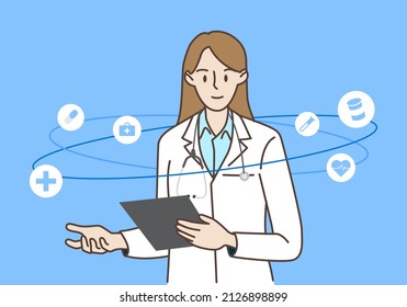 Female Doctor With Technology Healthcare And Medicine Icons. Healthcare And Medical Concepts. Hand Draw Style. Vector Illustration.