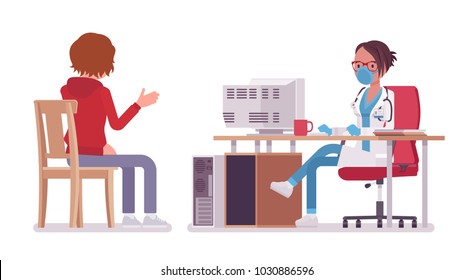 Female doctor therapist consulting patient. Physician woman in hospital uniform accepting at desk. Medicine and healthcare concept. Vector flat style cartoon illustration isolated, white background