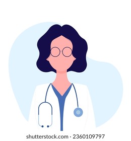 Female doctor therapist or pharmacist with short hair and glasses. Doctor with stethoscope. Concept - doctor, healthcare. Vector illustration in flat cartoon style. Isolated on white background.