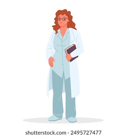 Mujer médico, terapeuta o médico, farmacéutico de pie. Joven mujer linda con gafas que sostiene el libro, retrato delantero del trabajador médico profesional en uniforme azul de la Ilustración vectorial de dibujos animados