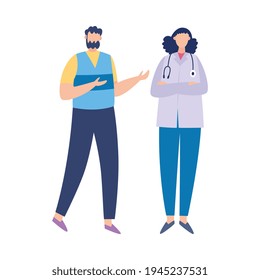 Female doctor therapist with stethoscope and male patient a vector illustration.