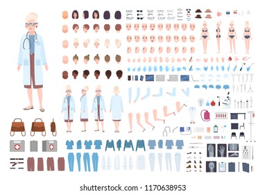 Female doctor, therapist or surgeon DIY kit. Bundle of woman's body parts, uniform, medical tools and equipment isolated on white background. Front, side and back views. Cartoon vector illustration.