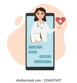 Female doctor through the phone screen. Tele medicine, online doctor and medical consultation concept. Modern Health Care Services. Flat cartoon style vector illustration 