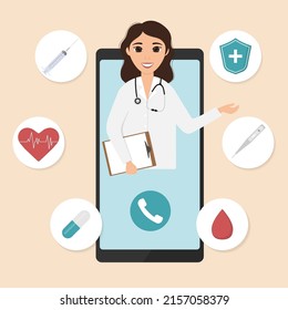 Female doctor through the phone screen. Tele medicine, online doctor and medical consultation concept. Modern Health Care Services. Flat cartoon style.