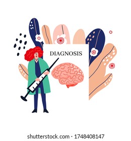 Female doctor treats brain. Medical illustration. Brain health diagnosis banner template