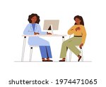 Female doctor treats her patient with pain in the breast. Cardiologist checks up woman's heart. Psychologist has offline consultation with anxious girl. Vector. Cardiology and mental health concept