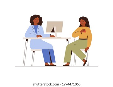 Female doctor treats her patient with pain in the breast. Cardiologist checks up woman's heart. Psychologist has offline consultation with anxious girl. Vector. Cardiology and mental health concept