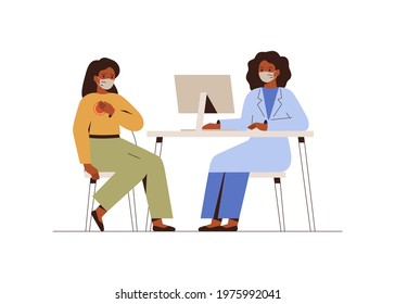 Female Doctor treats her patient with pain in the breast. Cardiologist checks up woman's heart. Offline consultation in protective masks. Vector. Cardiology and mental health concept