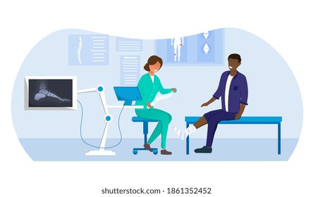 Female doctor in uniform examines black patient with broken leg. X-ray scan of ankle bone. Concept of importance of doctor healthcare and medical treatment. Flat vector illustration