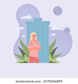 Female doctor in uniform with stethoscope. Hospital medical staff flat vector illustration. Occupation, clinic, consultation concept for banner, website design or landing web page
