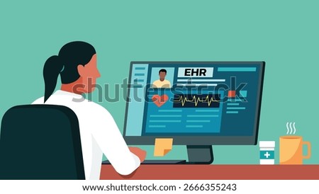 Female doctor using computer with electronic health record on screen in a clinical workspace environment, flat vector illustration
