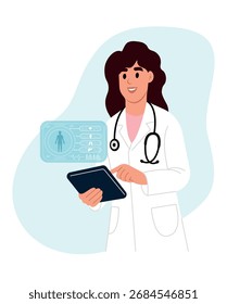 Médico femenino que usa una tableta digital con registros de salud electrónicos en la pantalla. Concepto de seguro de salud, telemedicina, hospital virtual y medicina familiar. Moderna atención sanitaria y medicina digital