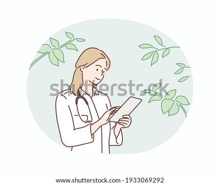 female doctor using her digital tablet in the consultation. Hand drawn style vector design illustrations.