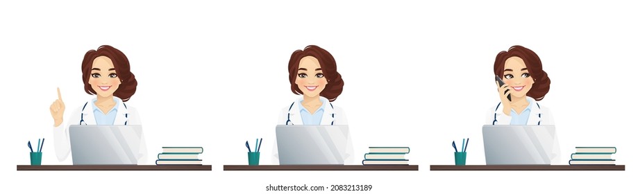 Female Doctor Using Laptop Computer Sitting At The Desk Isolated Vector Illustration