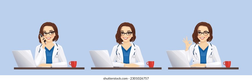 Médica mujer con ordenador portátil sentada en el escritorio diferentes gestos conjunto ilustración vectorial aislada